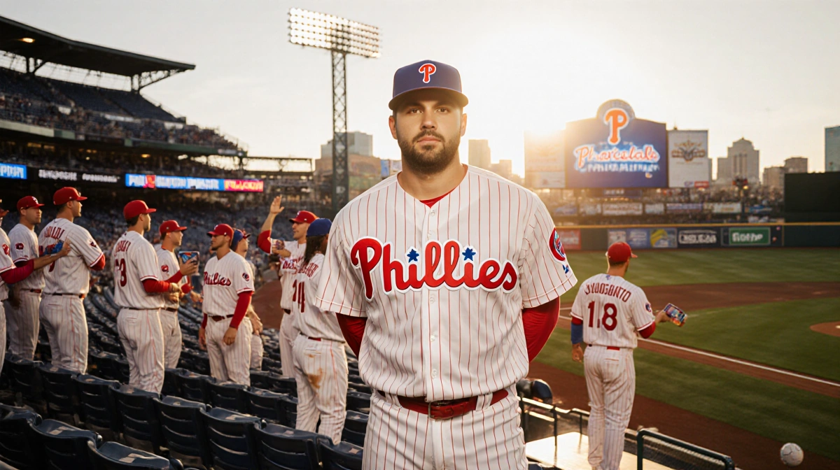Chase Shugart stands on dugout steps with Phillies teammates and baseball card showing near bench