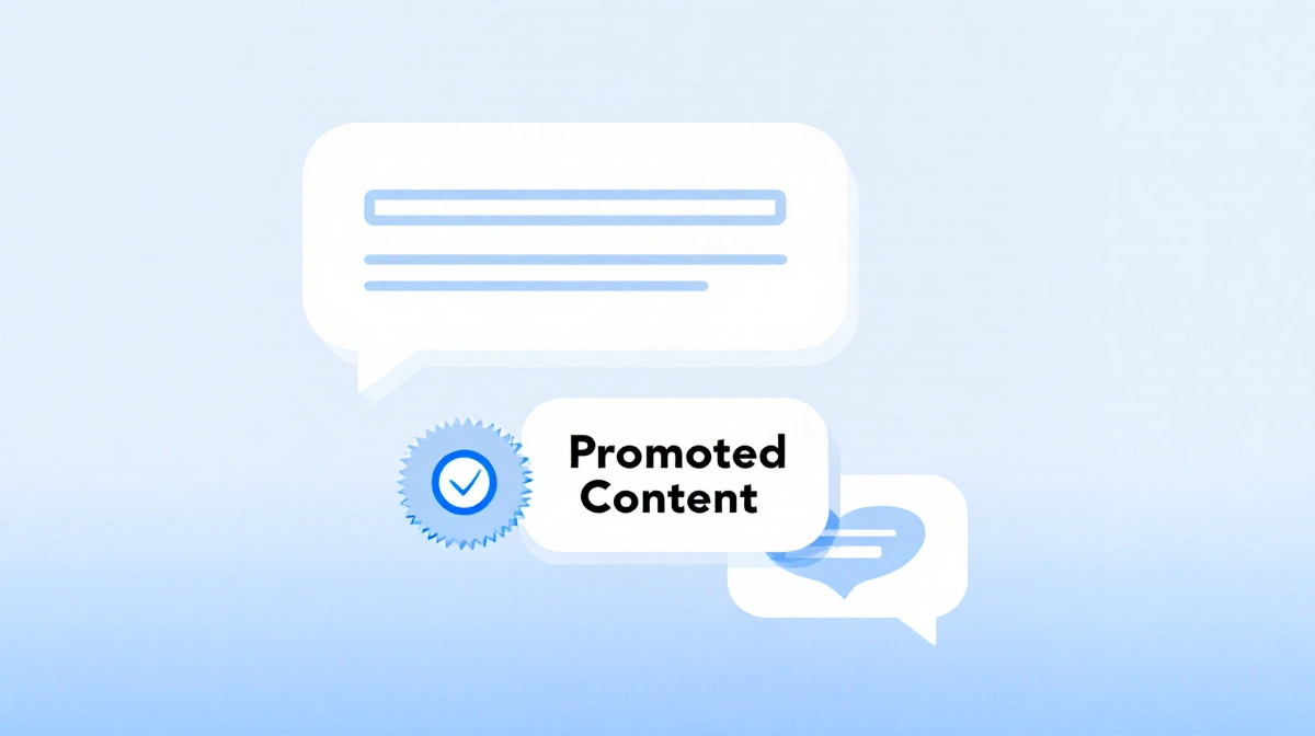 Chat interface shows promoted content badge with gradient effect and pastel blue background