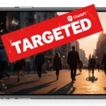 Smartphone shows ChatGPT app with red targeted ads banner and people walking through city streets at dusk