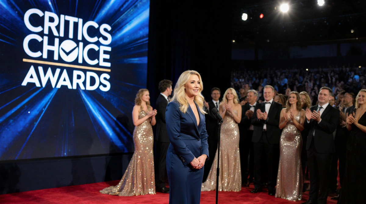 Chelsea Handler standing at microphone with Critics Choice Awards logo screen and glamorous red carpet attendees