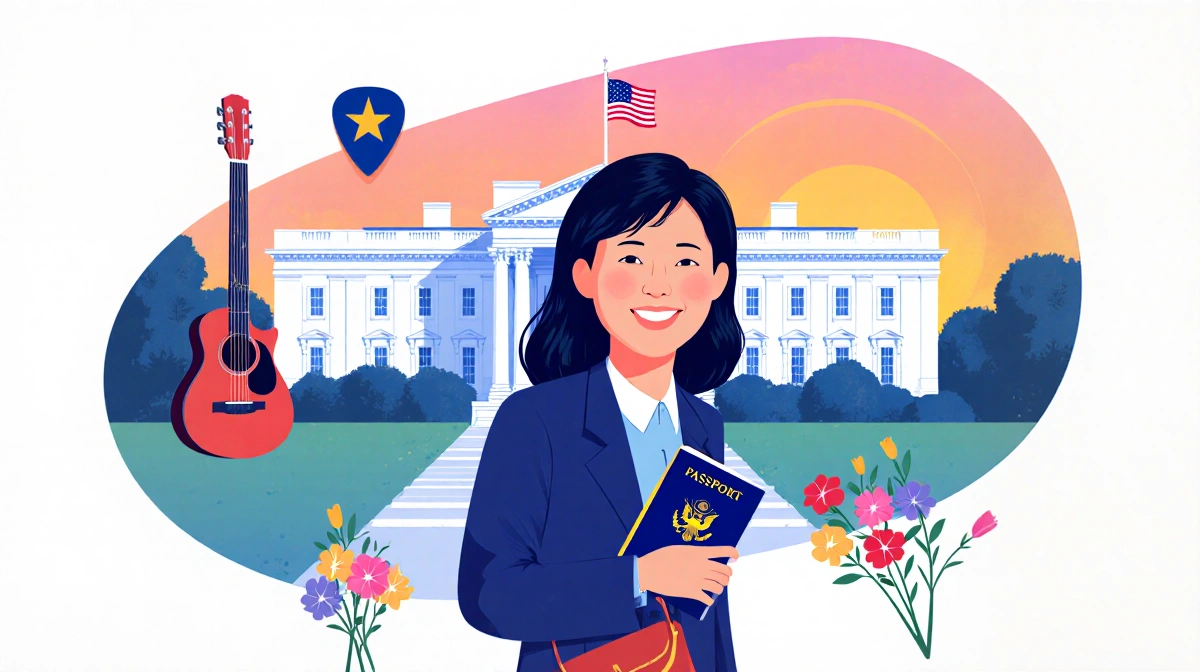 Chen smiling and holding a passport with the State Department building behind her and a guitar pick hinting at Nashville