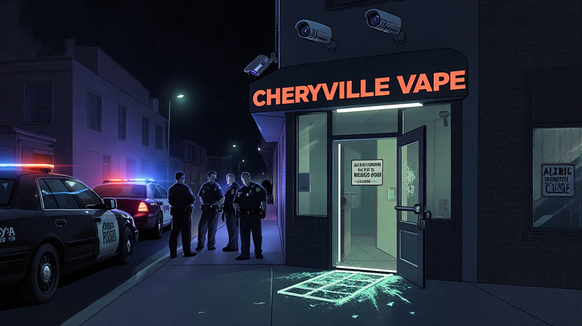 Police officers investigate Cherryville Vape and Cigar Shop with broken glass on ground and patrol cars with lights flashing