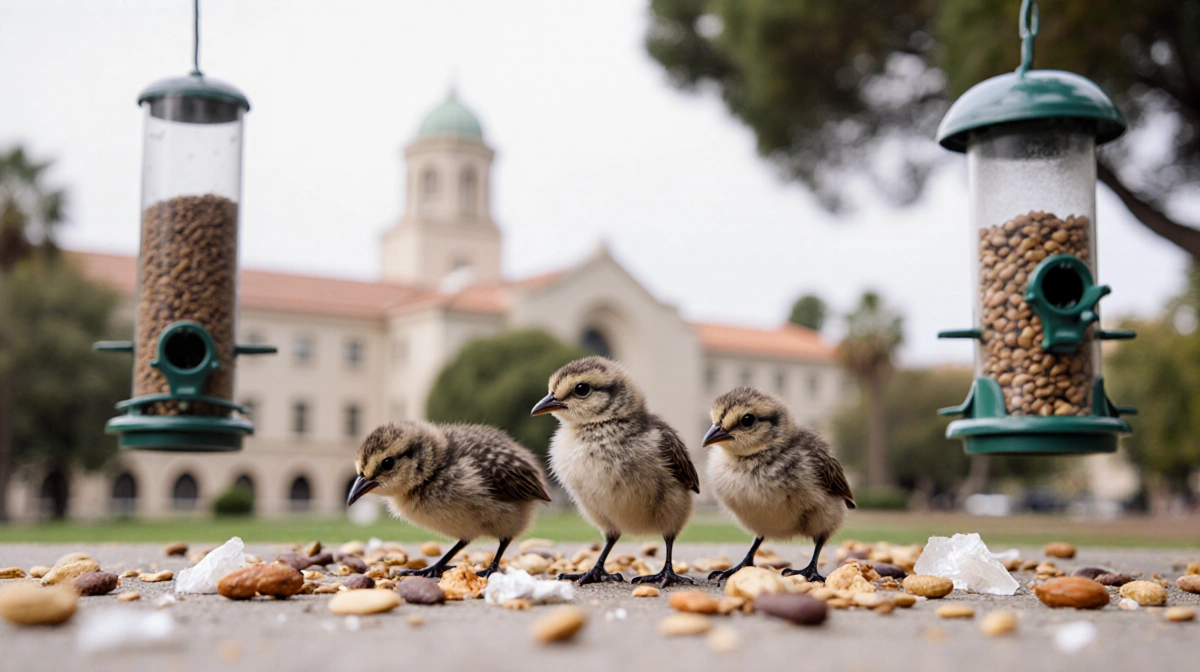 Chicks pecking seeds with beaks shrinking and crumbs around them near UCLA campus buildings.