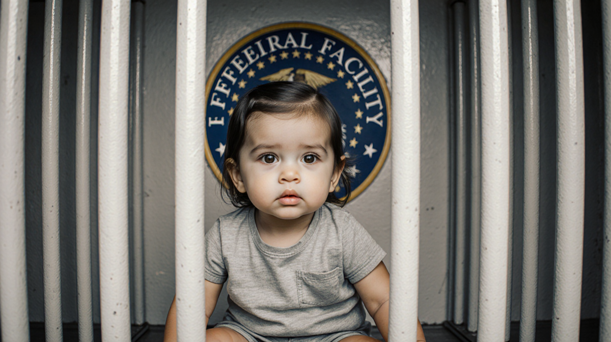 Child sits in small barred cell with soft lighting and federal facility logo in background