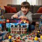 Child unwrapping a Lego set with the Stranger Things Creel House visible and Star Wars Marvel Minecraft boxes around