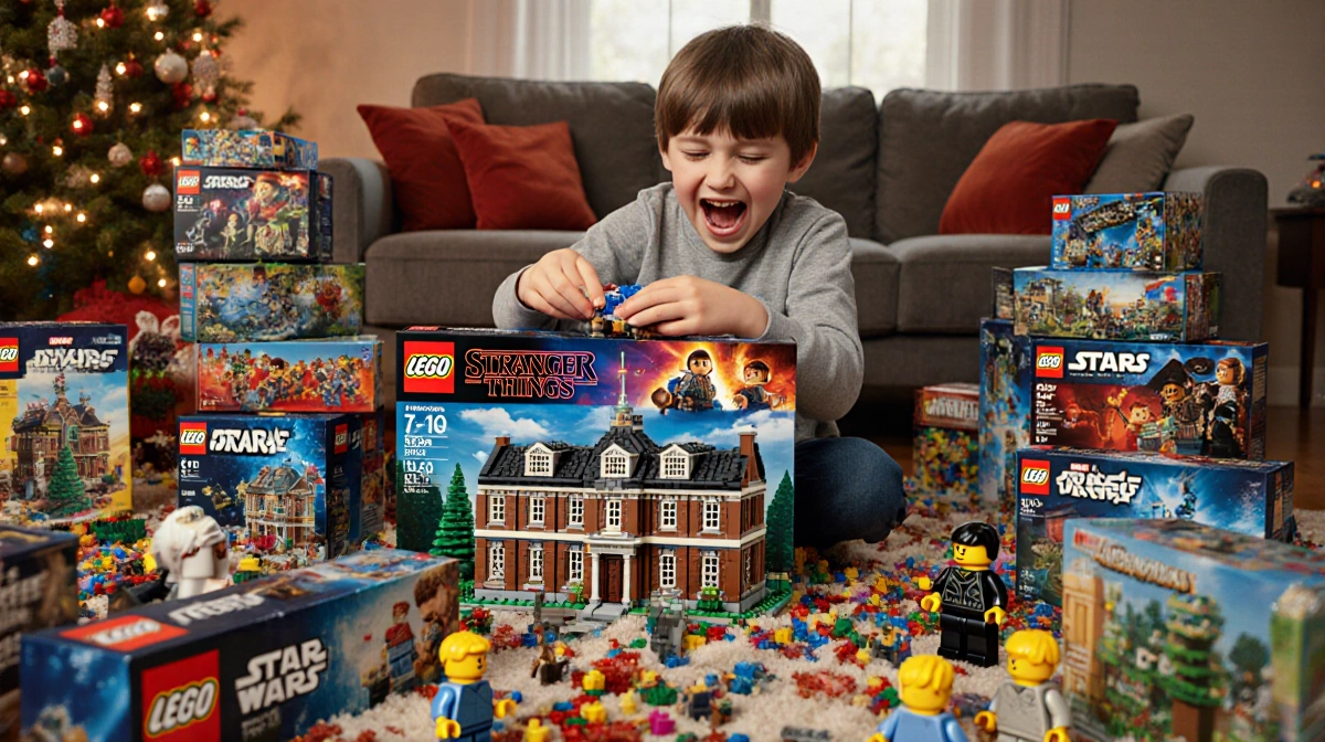 Child unwrapping a Lego set with the Stranger Things Creel House visible and Star Wars Marvel Minecraft boxes around