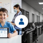 Child smiles holding a tablet with a vaccine schedule beside posters and a pediatrician while a sterile CDC office is shown