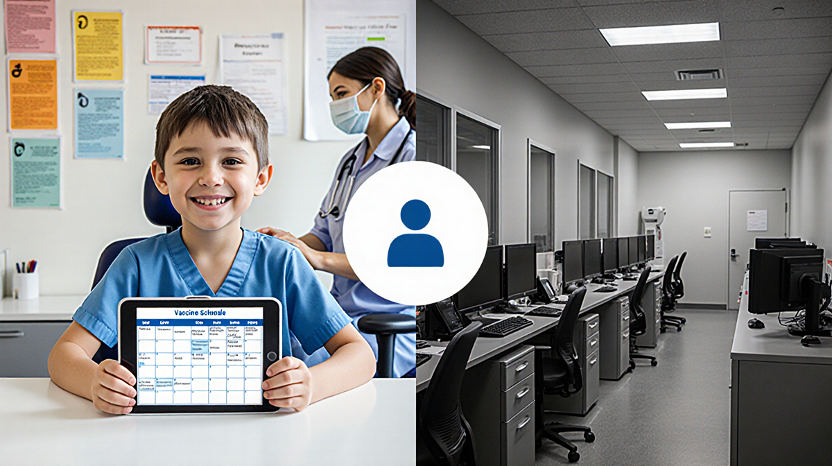 Child smiles holding a tablet with a vaccine schedule beside posters and a pediatrician while a sterile CDC office is shown