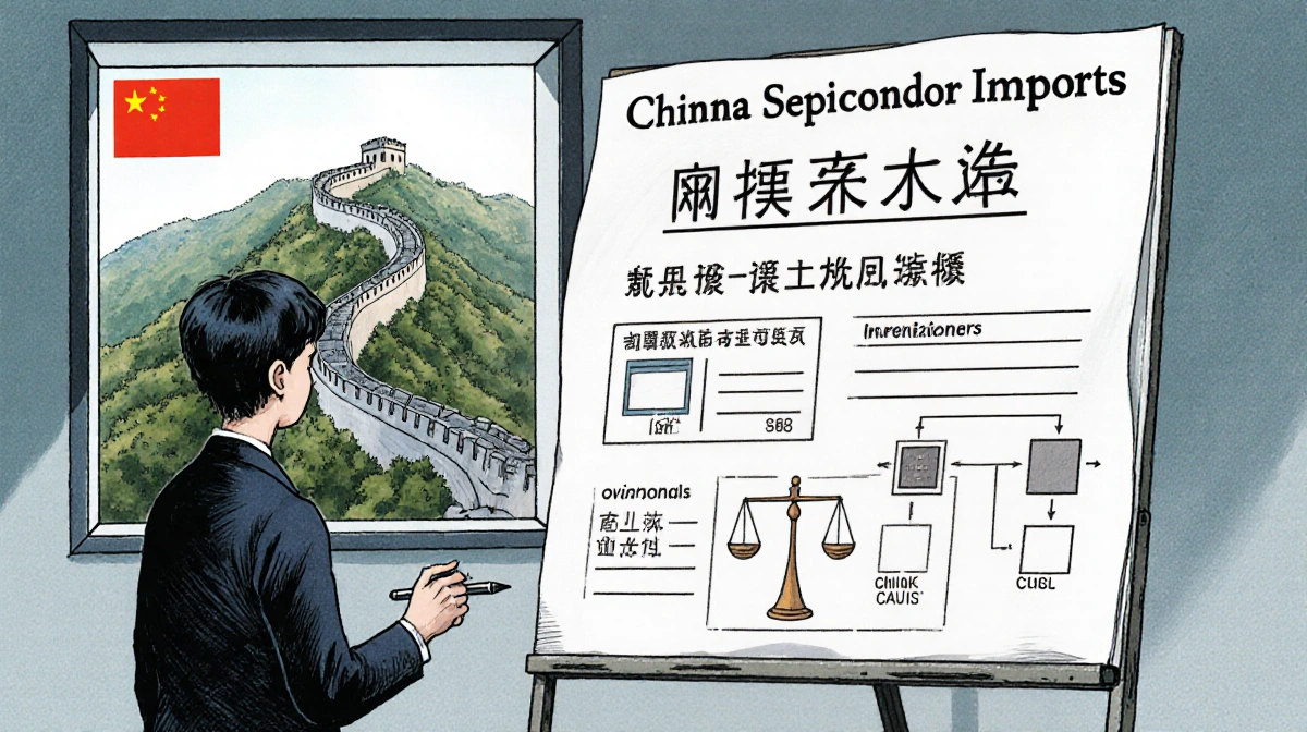 Person studies Chinese semiconductor import charts with pen and concerned expression while Great Wall appears through window
