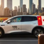 Chinese electric vehicle parked in vibrant multicultural cityscape with Canadian flag suitcase showing gateway to North Ameri