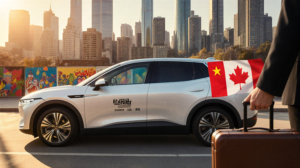 Chinese electric vehicle parked in vibrant multicultural cityscape with Canadian flag suitcase showing gateway to North Ameri