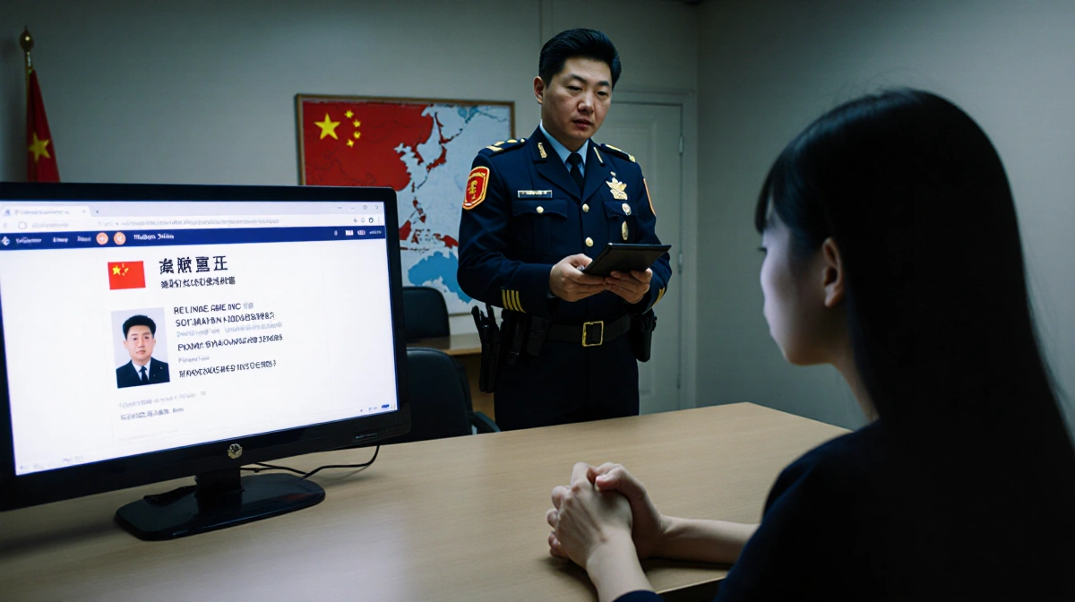 Anxious Chinese student sits at desk with uniformed officer holding tablet and computer showing bank account number