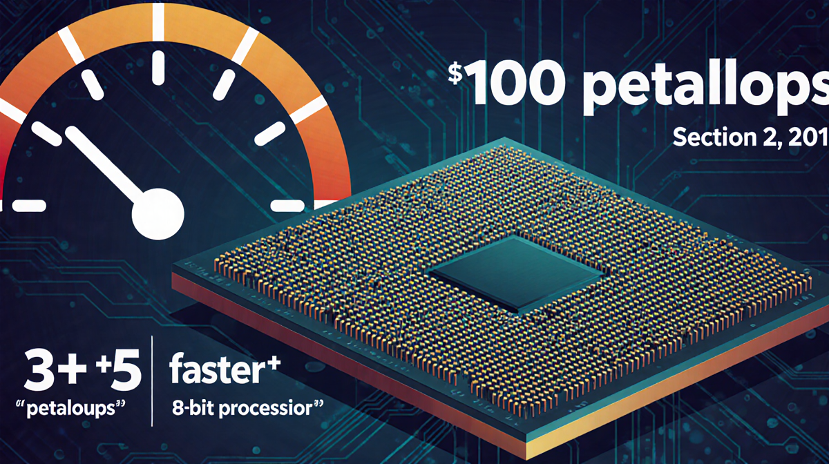 Infographic illustrates a massive chip board with thousands of transistors and a speedometer showing 10 petaflops