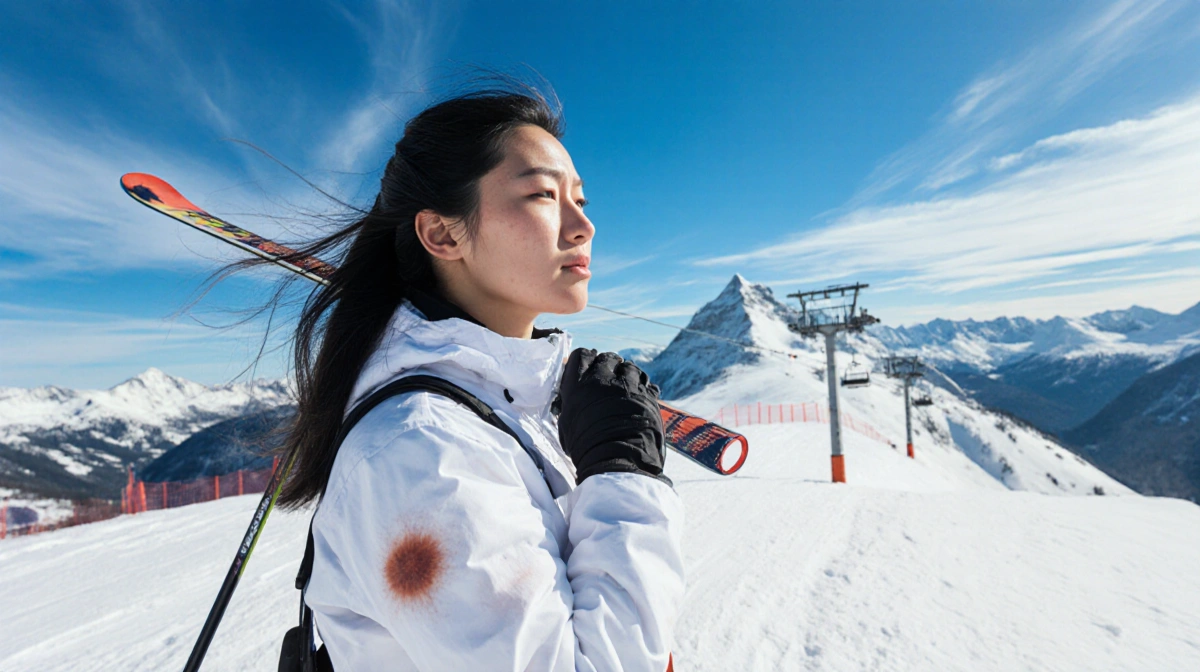 Chloe Kim stands on snowy slope with skis over shoulder and mountain peaks behind her showing determination