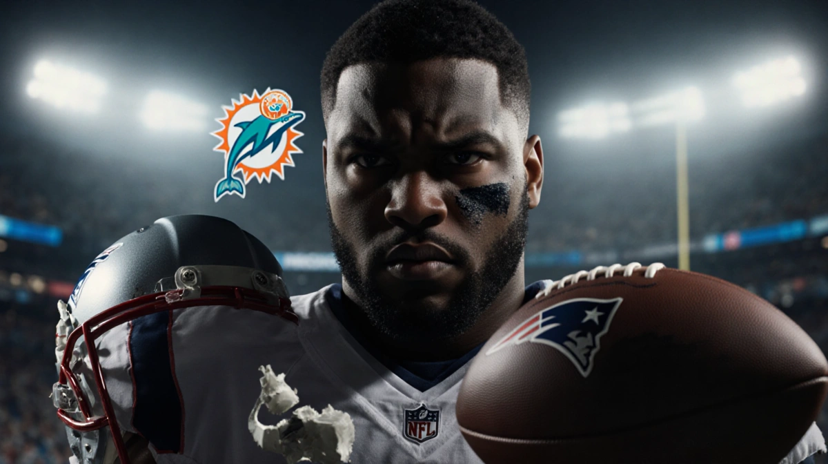 Christian Barmore standing with a broken helmet and shattered football on a dim field and blurred Dolphins logo in background