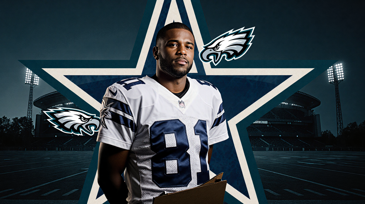 Christian Parker standing in front of Cowboys logo with confident stance and Eagles emblem and football near him