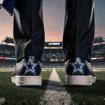 Christian Parker holds folder with Dallas Cowboys AT&T Stadium lights reflecting on shoes as looks up at field