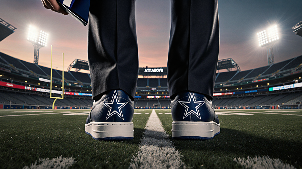 Christian Parker holds folder with Dallas Cowboys AT&T Stadium lights reflecting on shoes as looks up at field