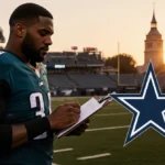 Christian Parker reviewing plays on clipboard with Eagles stadium and Liberty Bell behind him