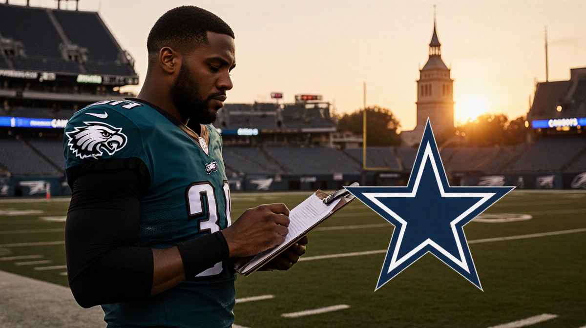 Christian Parker reviewing plays on clipboard with Eagles stadium and Liberty Bell behind him