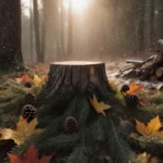 Christmas tree stump standing amid lush greenery and autumn leaves with misty forest background and winter snowfall.
