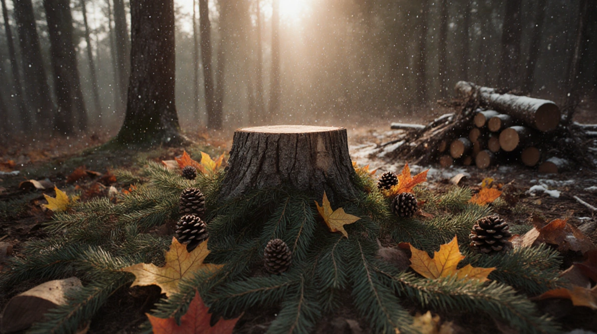Christmas tree stump standing amid lush greenery and autumn leaves with misty forest background and winter snowfall.