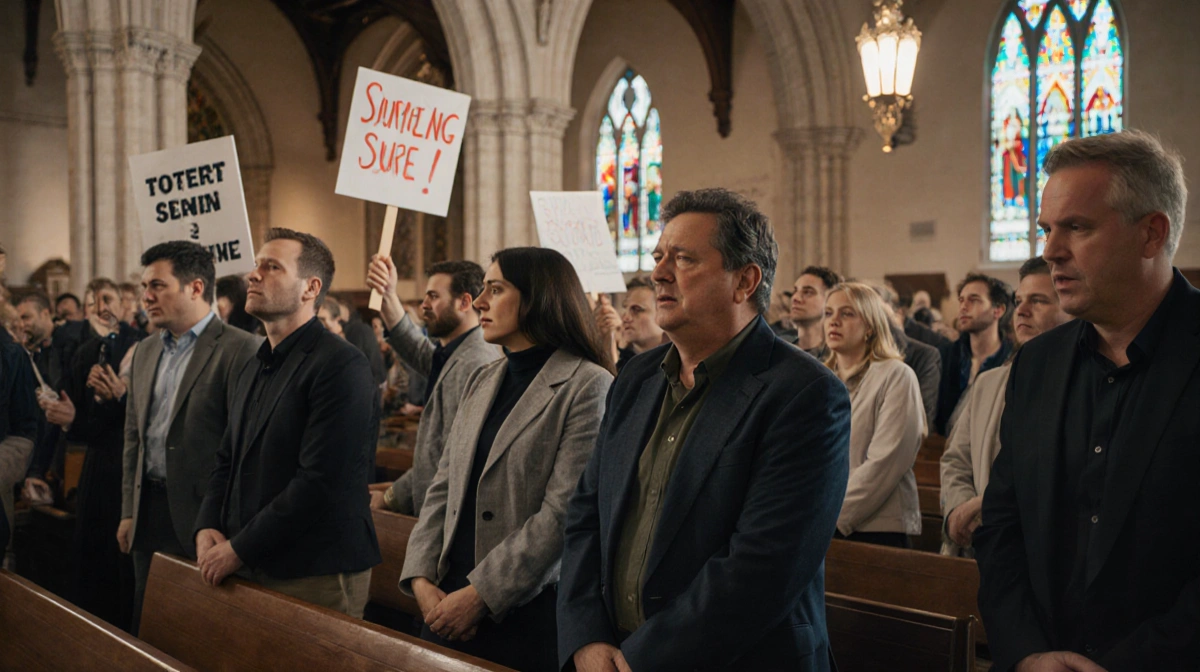 Protesters interrupt church service with signs while distressed worshippers react and try to leave the sanctuary