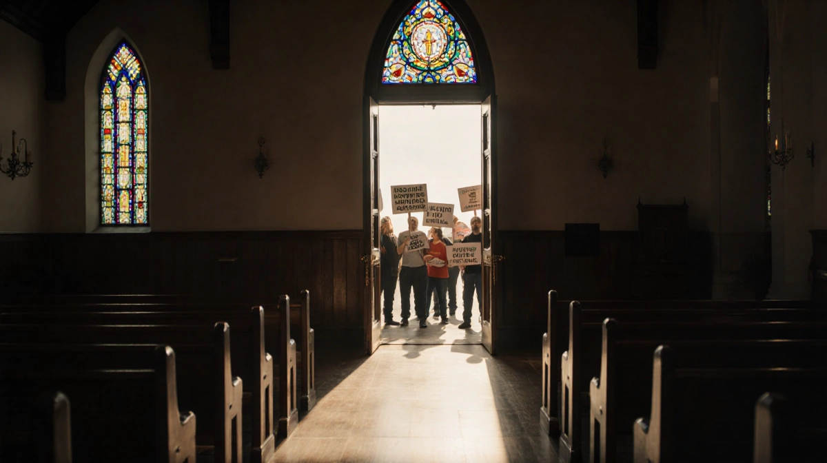 Protesters gather outside church with signs visible through stained glass windows and empty pews inside