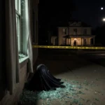 Shattered window shows curtains blown back with the Vice President home lit by moonlight and yellow tape around the property.