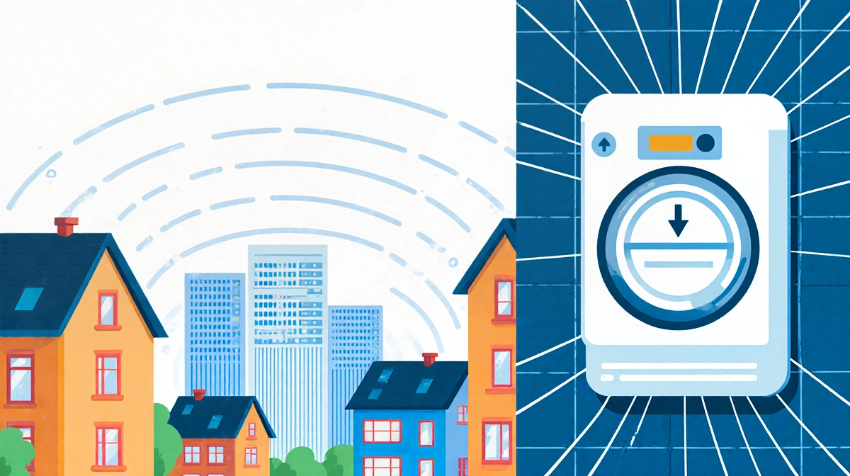 A utility meter on a data center shows electricity costs dropping with a cityscape and connected energy grid in the backgroun