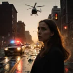 Woman standing frightened after carjacking with police car speeding away and helicopter hovering above.