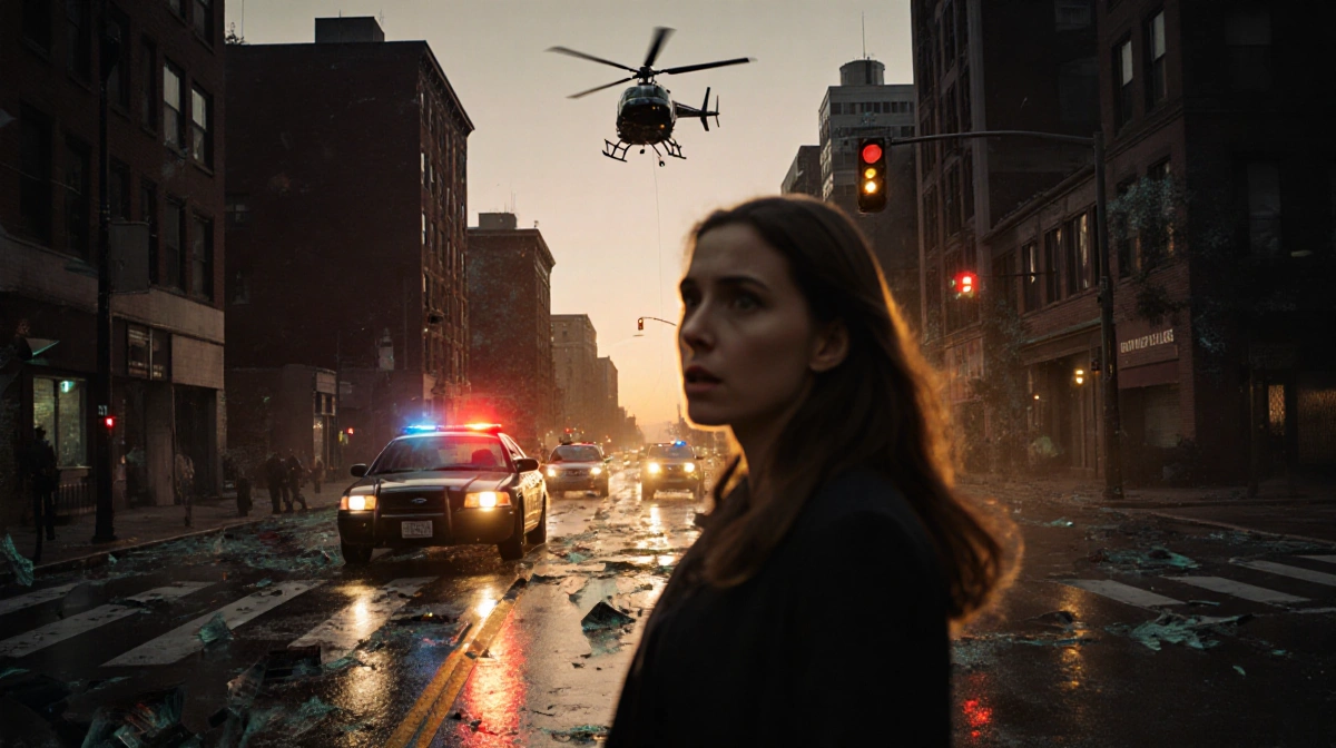 Woman standing frightened after carjacking with police car speeding away and helicopter hovering above.