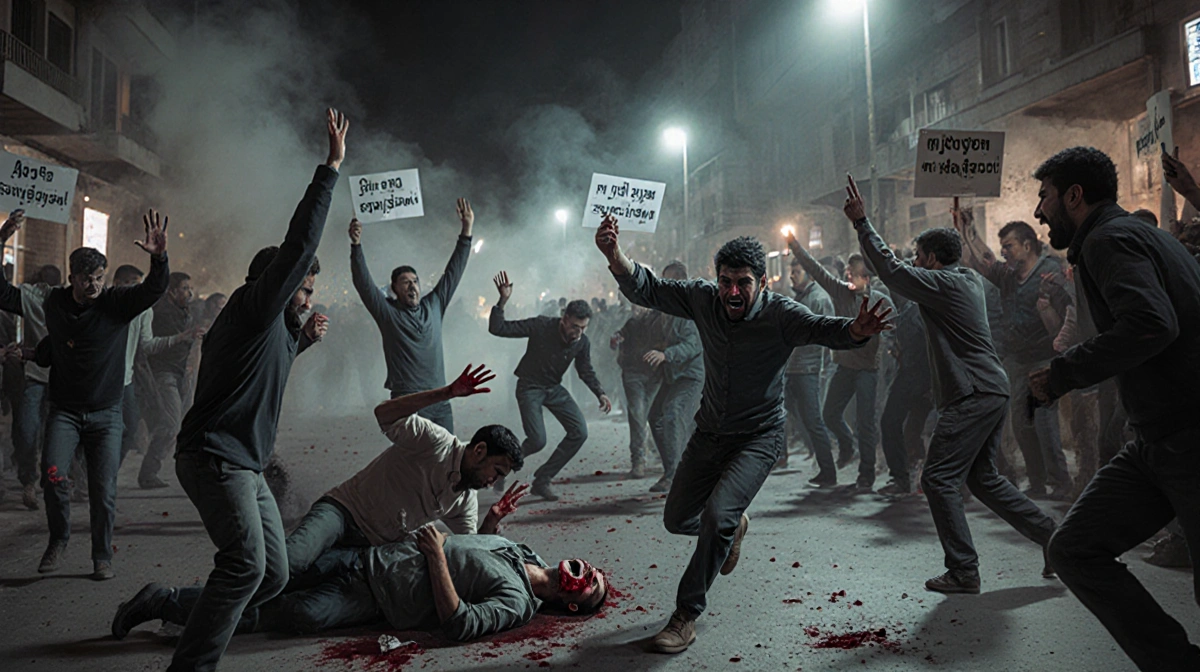 Protester runs with bloodied arm and protest sign amid gunfire and smoke and flashlight.