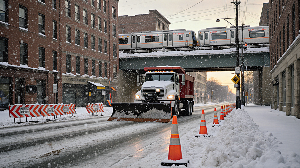 Plow truck clearing snow from street with snow-covered buildings and SEPTA train over bridge
