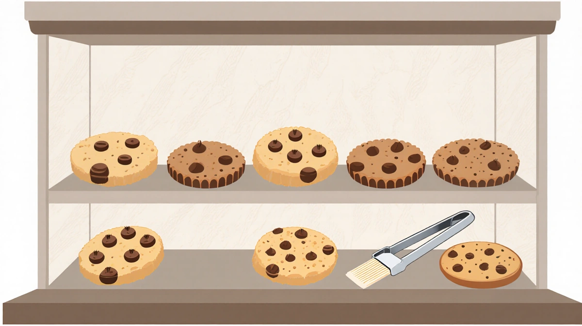 Six classic cookies rest in bakery case with cookie tongs and pastry brush showing always available treats
