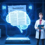 AI chatbot brain glows with circuitry while researcher holds tablet showing Claude Constitution with lab equipment nearby