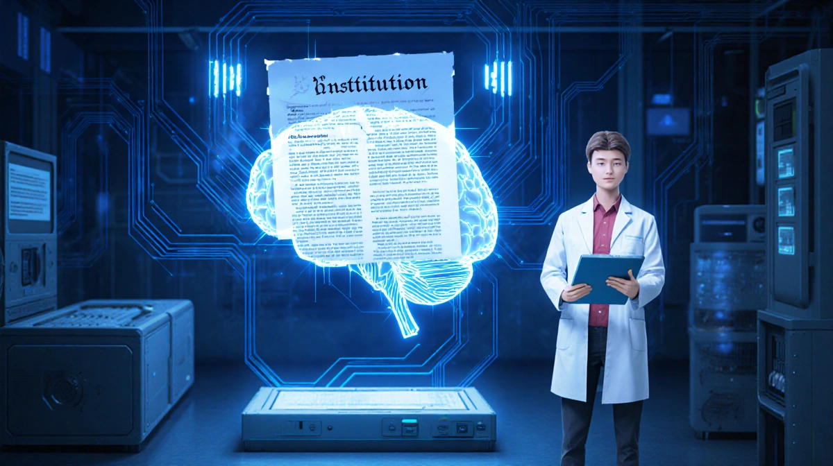 AI chatbot brain glows with circuitry while researcher holds tablet showing Claude Constitution with lab equipment nearby