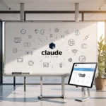 Modern coworking space shows whiteboard with software icons and Claude Code tablet near glass walls and plants