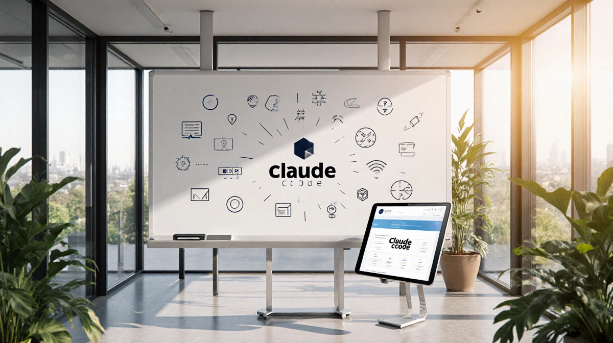 Modern coworking space shows whiteboard with software icons and Claude Code tablet near glass walls and plants