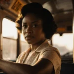 Claudette Colvin stands defiantly on segregated bus with golden light illuminating her determined expression