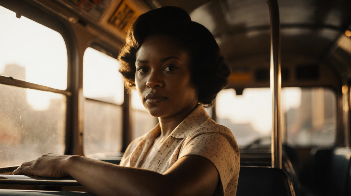 Claudette Colvin stands defiantly on segregated bus with golden light illuminating her determined expression