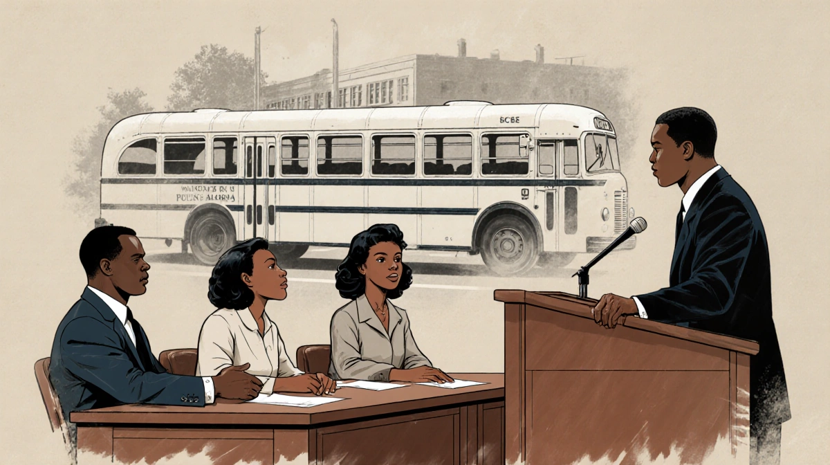 Civil rights plaintiffs sit at counsel table with Claudette Colvin at center and lawyer addressing judge with Montgomery bus 