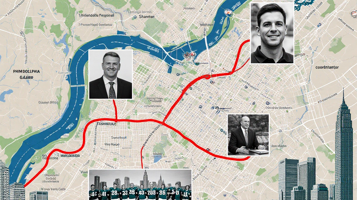 Clay's Eagles coaching journey traces through Philadelphia map with Chip Kelly and Shanahan portraits showing his rise from 2