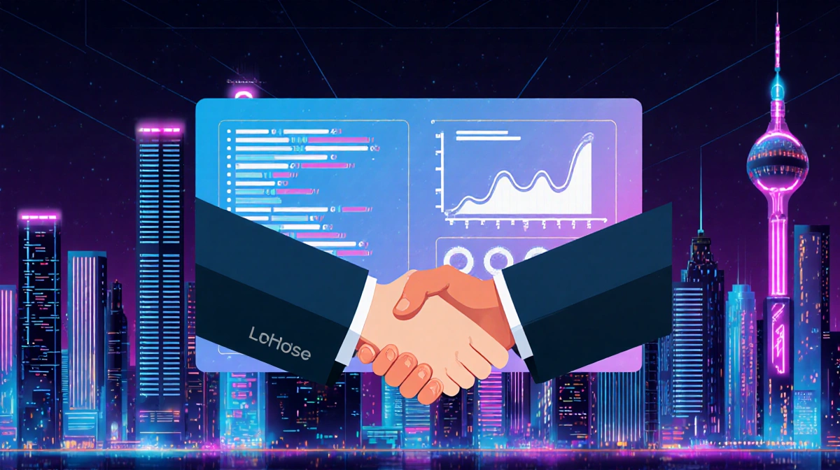 Two business leaders shaking hands with neon city skyline and AI performance metrics showing behind them