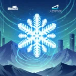 A glowing snowflake-shaped data hub rises from mountain peaks with city servers and Langfuse symbols in the background