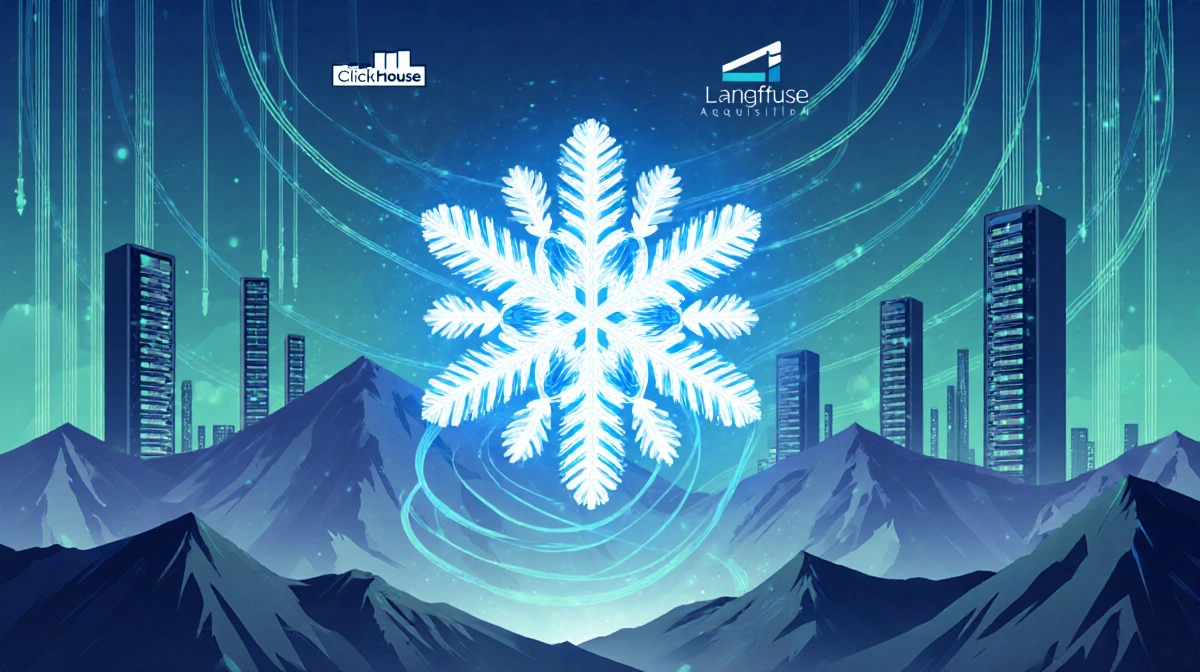 A glowing snowflake-shaped data hub rises from mountain peaks with city servers and Langfuse symbols in the background