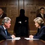 Clinton hearing with stern expressions and congressional committee member with Epstein investigation details etched into wood