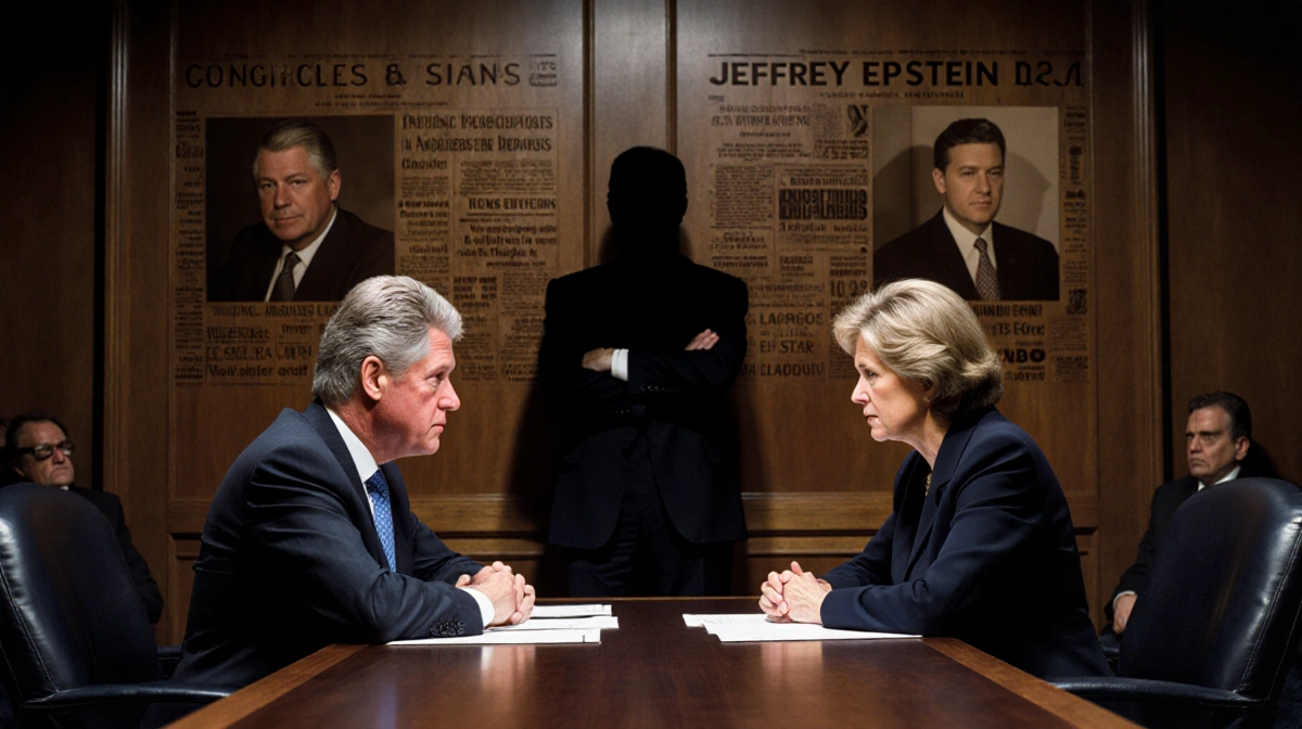 Clinton hearing with stern expressions and congressional committee member with Epstein investigation details etched into wood