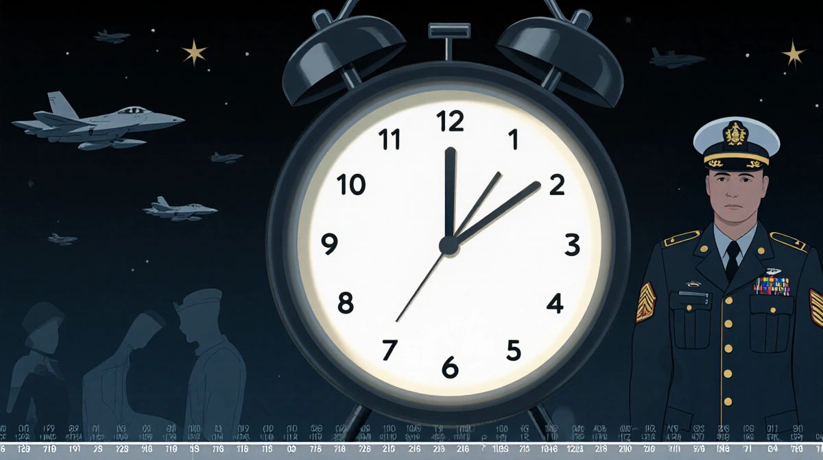 Clock striking midnight with a faint glow and subtle aircraft silhouettes in background.