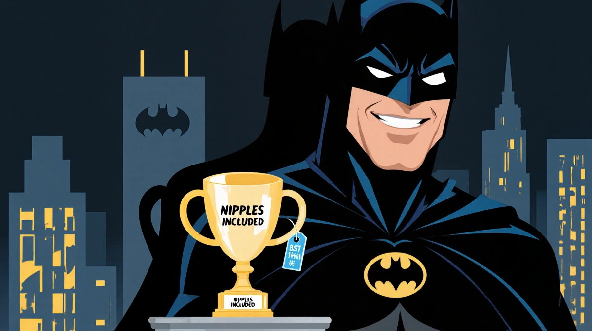 George Clooney's Batman standing with trophy showing Best Batman and a Nipples Included tag near Gotham skyline